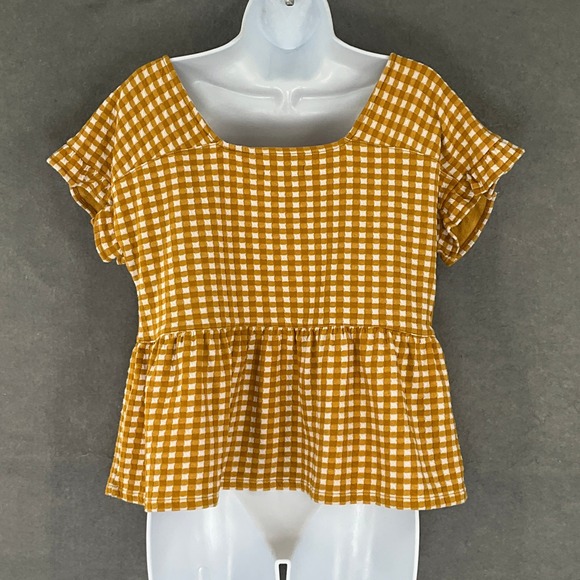Madewell Gingham Square Neck Peplum Top Mustard Yellow White Size S Cottagecore - Picture 2 of 7
